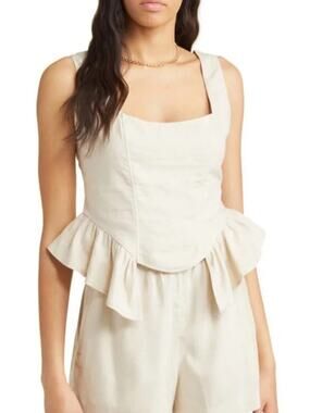 Open Edit Linen Blend Peplum Corset Tank Top Square Neck Sleeveless Ruffle Hem